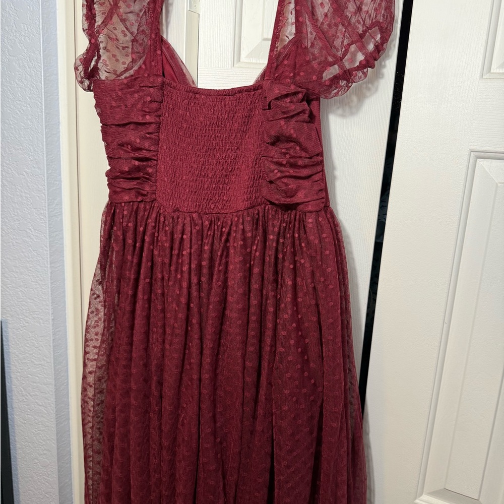 Lulu's Deep Red Tulle Dress with Textured Sleeves - Picture 3 of 7
